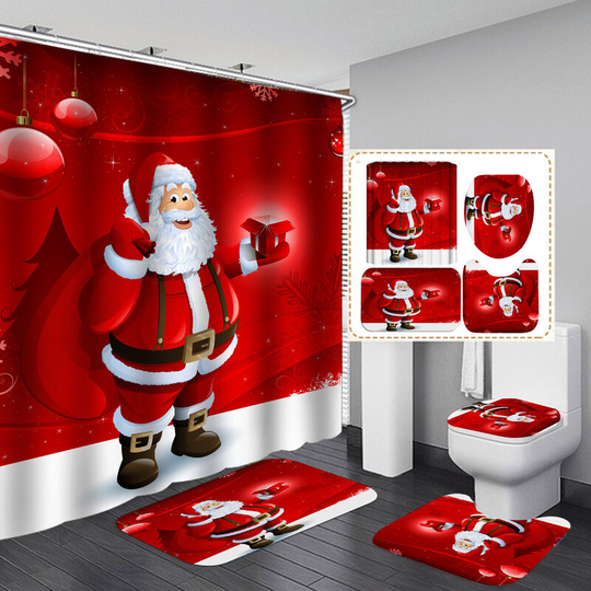 4 Pack Christmas Bathroom Sets with Non-Slip Mats, Toilet Lid Cover, Bath Mat and Shower Curtain with 12 Hooks for Christmas Decoration b
