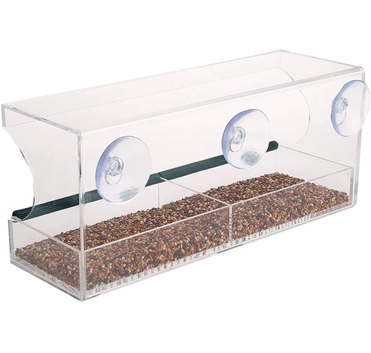 Clear Acrylic Window Bird Feeder - With Drain Holes | Anti-fall Very Sturdy Durable | Super Strong Suction Cups | Removable Tray Makes East To Fill An