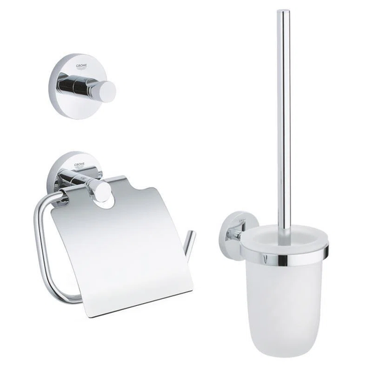 Essentials 3 In 1 Accessory Set : Wall Mounted Toilet Hook + Toilet Brush And Holder + Toilet Paper Holder, Chrome (40407001)