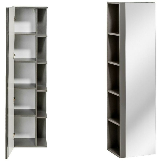 Grey Gloss Bathroom Tallboy Mirror Tall Unit Cabinet Storage Wall Shelving Twist - Grey High Gloss