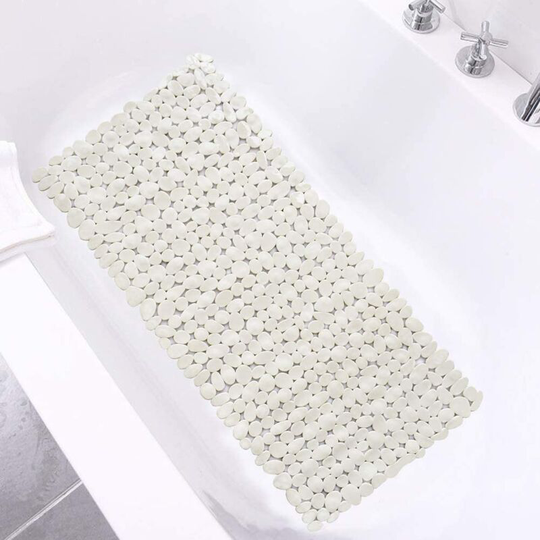 16*35In Non Slip Cobblestone Bath Shower Mat with Drain Holes, Suction Cups Mat, Beige
