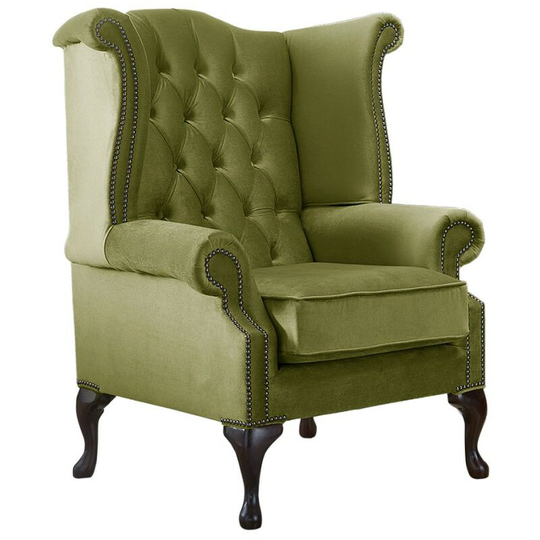 Chesterfield Queen Anne High Back Wing Chair Malta Grass Green Velvet Fabric