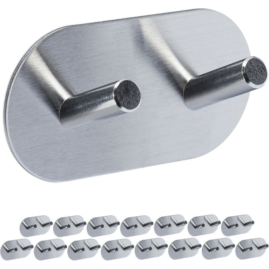 Relaxdays - Towel Hooks, Set of 16, Self-Adhesive, Matt Stainless Steel, Kitchen & Bathroom, HxWxD: 5 x 10 x 3 cm, Silver