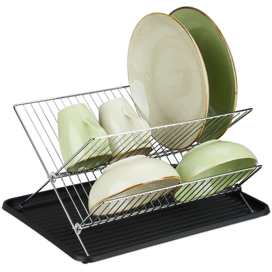 Relaxdays - dish drainer with drip tray, foldable drying rack, kitchen draining rack, plate rack, metal, drainer in black