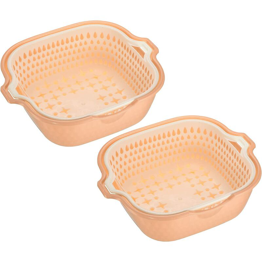 2pcs Kitchen Colander Set , Double Layer Colanders Strainers Plastic Vegetable Washing Basket for Soak, Wash, Drain Vegetables Fruit Rice-Yellow White