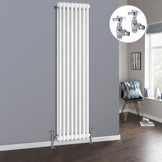 White 2 Column Traditional Cast Iron Style Radiator with Chrome Angled Cross Head Manual Valves Vertical 1800x380mm