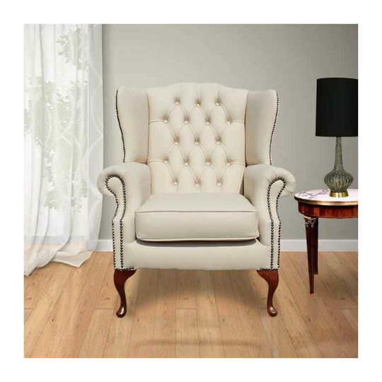 Designersofas4u - Chesterfield Highclere Flat Wing Queen Anne High Back Wing Chair uk Manufactured Cream Leather