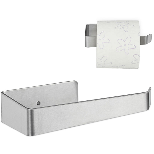 Toilet Paper Holder without Drilling, Stainless Steel, Matt, Self-Adhesive, HxWxD: 4 x 15.5 x 7.5 cm, Silver - Relaxdays