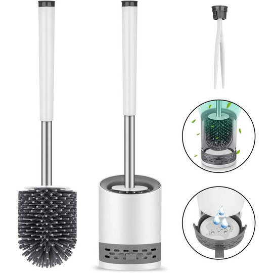 Improved design] Silicone toilet brush with wall & standing holder Stainless steel toilet brush set with long handle and quick-dry holder for