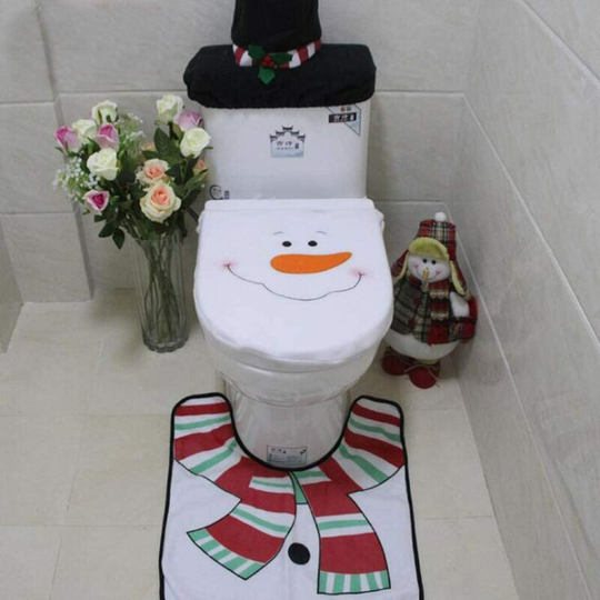 3pcs Christmas Party Toilet Seat Cover Floor Mat Tank Tissue Box Cover Set For Xmas Bathroom Decoration a