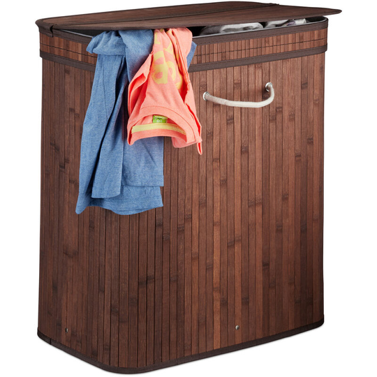 Relaxdays - Lidded Laundry Hamper, 2 Compartments, Partitioned Bag, Ventilated, 72 Litres, Bamboo Basket, Brown