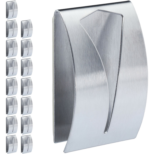 Towel Hooks, Set of 16, Self-Adhesive & Detachable, Matt Stainless Steel, Kitchen & Bathroom, Square, Silver - Relaxdays