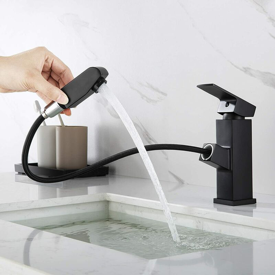 Single lever basin mixer tap with pull-out spray, black bathroom mixer tap, tap height (without hose)