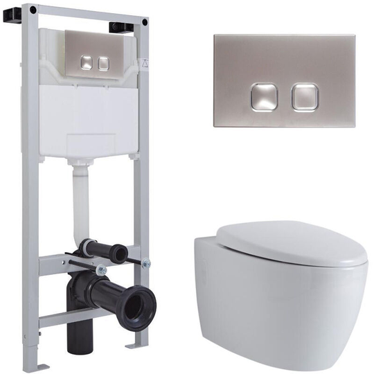 Milano - Altham - White Ceramic Modern Bathroom Wall Hung Round Rimless Toilet wc with Tall Wall Frame Cistern and Square Chrome Flush Plate