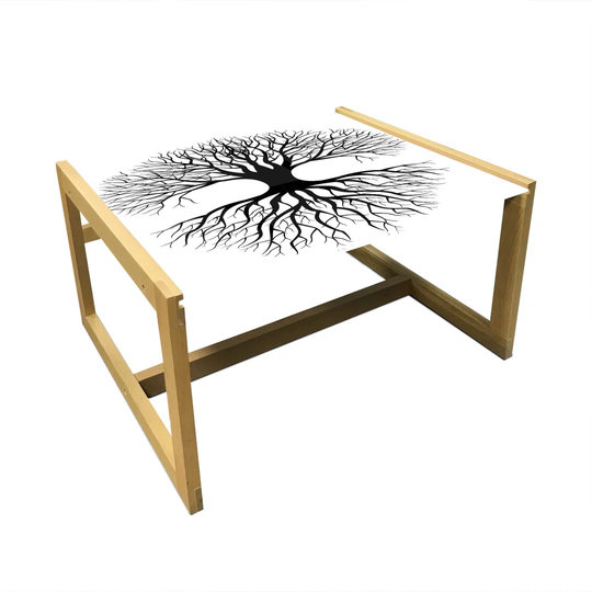 Tree Of Life Coffee Table, Plant Silhouette Roots And Branches Reflection Shadow Monochrome Illustration, Acrylic Glass Center Table With Wooden Frame