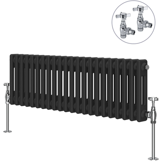 Black Traditional Cast Iron Style Radiator with Chrome Angled Cross Head Manual Valves Horizontal 2 Column 300x1010mm