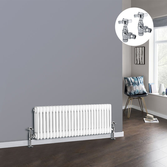 White 3 Column Traditional Cast Iron Style Radiator with Chrome Angled Cross Head Manual Valves Horizontal 300x1192mm