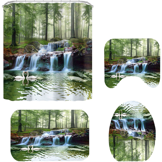Mohoo - Green Forest Waterfall Scenery 3D Printing Waterproof Shower Curtain Toilet Seat Cover Bath Mat Non-Slip Rugs Carpets Bathroom Set
