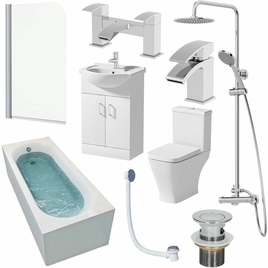 1600mm Bathroom Suite Single Ended Bath Shower Toilet Vanity Basin Taps Screen - White