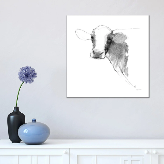 Cow II Dark Square - Wrapped Canvas Drawing