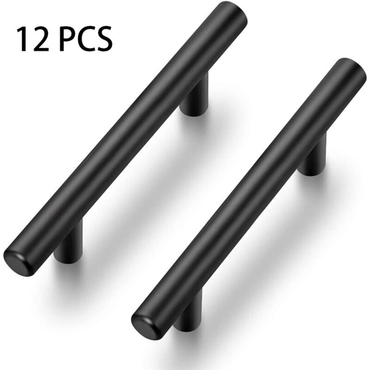 12 Pack 3.9 Inch Cabinet Pulls Matte Black Stainless Steel Kitchen Drawer Pulls 3.9 Inch Length 2.5 Inch Pitch T-Handle Single Cabinet Door Drawer