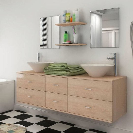 Seven Piece Bathroom Furniture and Basin Set Beige - Beige