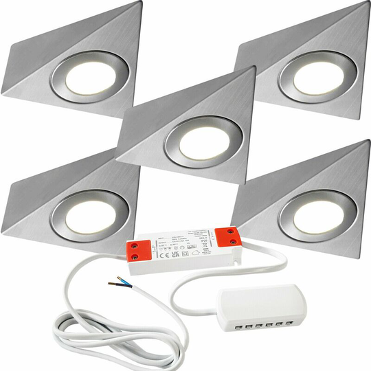 Loops - 5x brushed nickel Pyramid Surface Under Cabinet Kitchen Light & Driver Kit - Natural White led