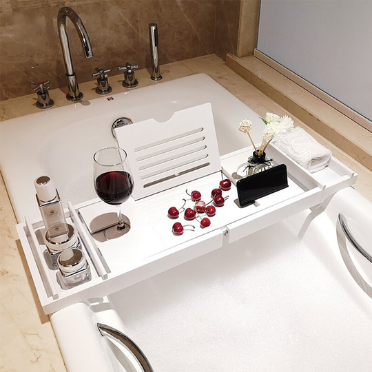 Bamboo Wood Bathtub Tray with Tablet Holder Cup Slot phone slot, White - Livingandhome