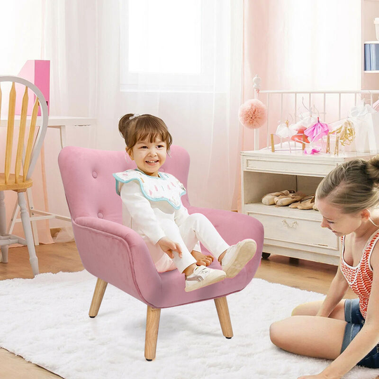 Unho - Pink Velvet Cute Child Armchair Childern Seat Wood Frame with Footrest Padding Foot Stool