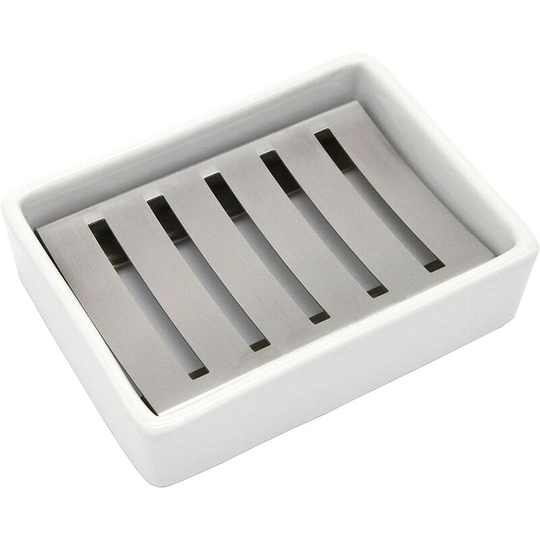 Perlerare - Ceramic Soap Dish Stainless Steel Soap Dish for Bathroom and Shower Double Drain Soap Dish
