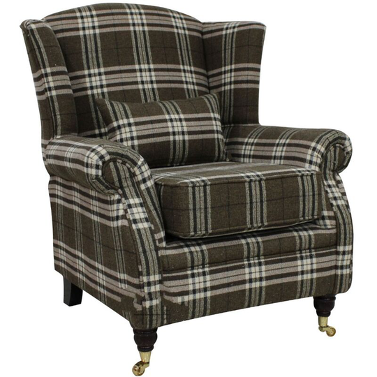 Wing Chair Fireside High Back Armchair Balmoral Chocolate Check Fabric