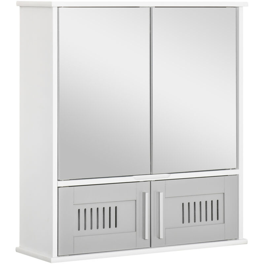 Bathroom Mirror Cabinet Wall Mount Storage Unit Double Doors, Grey - Grey - Kleankin