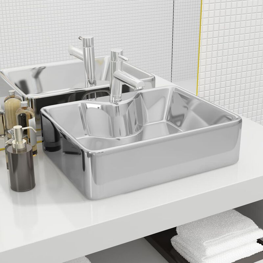 Wash Basin with Faucet Hole 48x37x13.5 cm Ceramic Silver - Silver