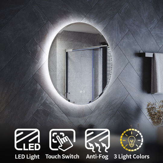 ELEGANT 600 x 600 mm Round Bathroom Mirror with LED Light Modern Wall Mounted Bathroom Vanity Mirror with Demister Pad, Adjustable Brightness & 3