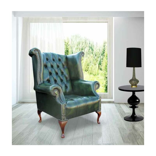 Chesterfield Buttoned Seat Queen Anne High Back Wing Chair uk Manufactured Antique Green