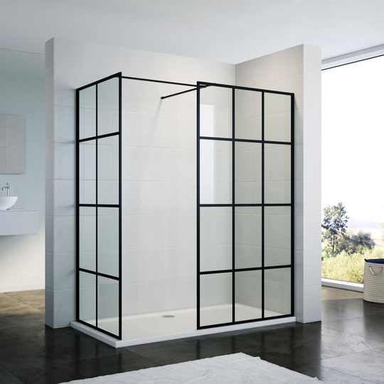 1200mm Matte Black Frame Walk in Wet Room 760mm Side Screen Panel 8mm Tempered Glass Shower Cabin Enclosure Include Double Stainless Steel Support