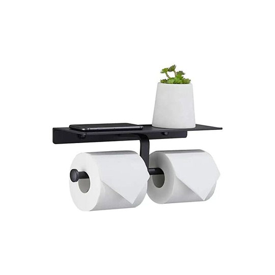 Aluminum Double Toilet Roll Holder No Punching Toilet Roll Holder Matte Finish with Cell Phone Holder (Black)