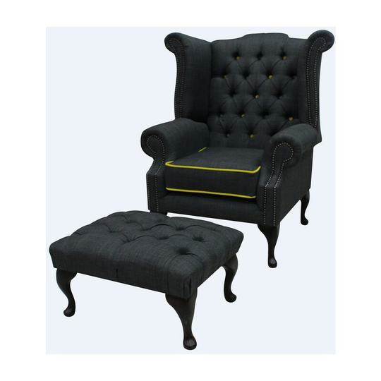 Chesterfield Linen Queen Anne High Back Wing Chair Charles Charcoal Yellow Trim + Footstool