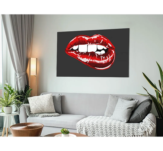 Red Lip Bite On Grey - Unframed Graphic Art on Metal