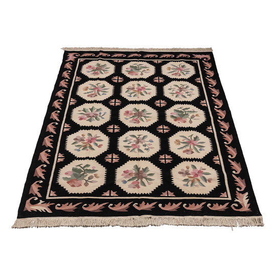 Blasingame Elegant Original Authentic Hand-Knotted/Kilim Wool/Cotton Black/Pink/Beige Rug