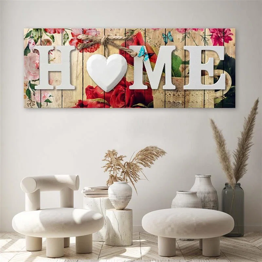 Canvas print, Home inscription and rustic floral background
