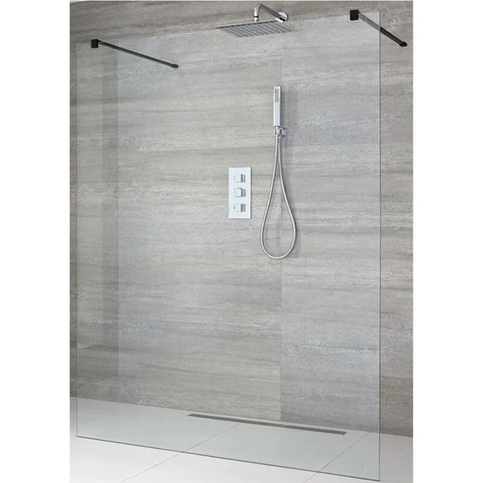 Nero - 800mm Floating Glass Walk In Wet Room Shower Enclosure with Screen, Support Arms and 800mm Linear Shower Drain - Black - Milano