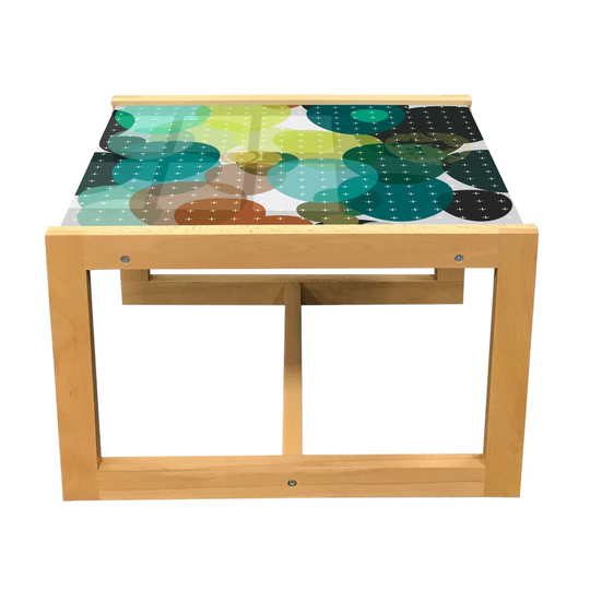 Modern Coffee Table, Illustration Of Colorful Round Blots With Signs On The Background, Acrylic Glass Center Table With Wooden Frame For Offices Dorms