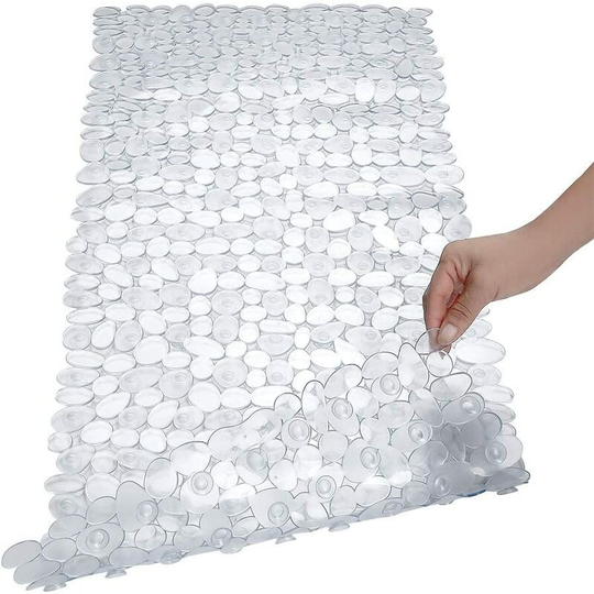 Kartokner - 16*35In Non Slip Cobblestone Bath Shower Mat with Drain Holes, Suction Cups Mat, Clear White
