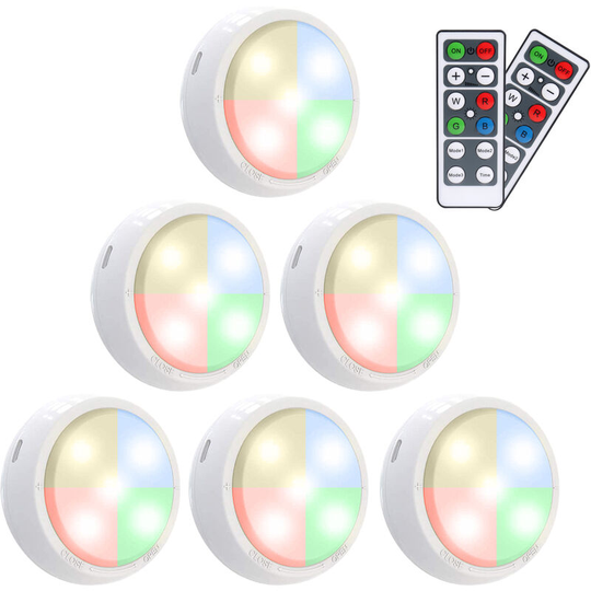 6pcs rgbw 11LEDs Under Cabinet Lights with 2 Controllers 3 * aaa Cell Operated & usb Charging Dimmable Brightness Adjustable
