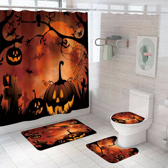 Halloween Pumpkin Falls Shower Curtain Sets, Generic 71 inch x 71 inch Halloween Bathroom Decor Set - Shower Curtain with Mat, Toilet Lid Cover, Bath