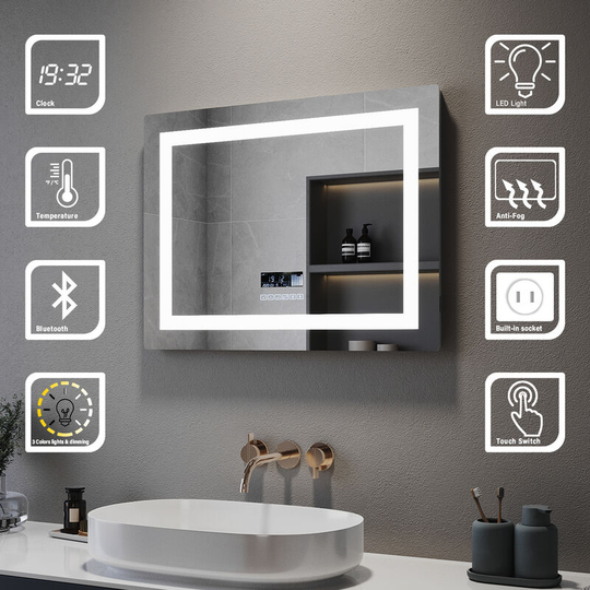 Bathroom led Mirror 800 x 600 mm Wall Mounted Bathroom Vanity Mirror with Shaver Socket, Bluetooth, Demister Pad, Adjustable Light - Elegant