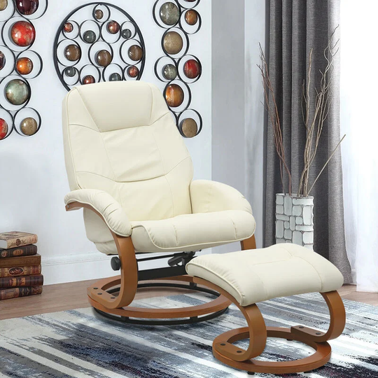 Pu Leather Swivel Reclining Office Armchair with Footstool, Beige - Livingandhome