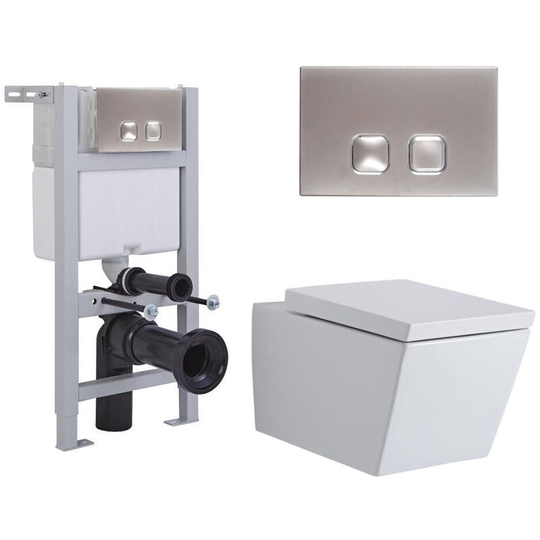 Milano - Dalton - White Ceramic Modern Bathroom Wall Hung Square Toilet wc with Short Wall Frame Cistern and Square Chrome Flush Plate