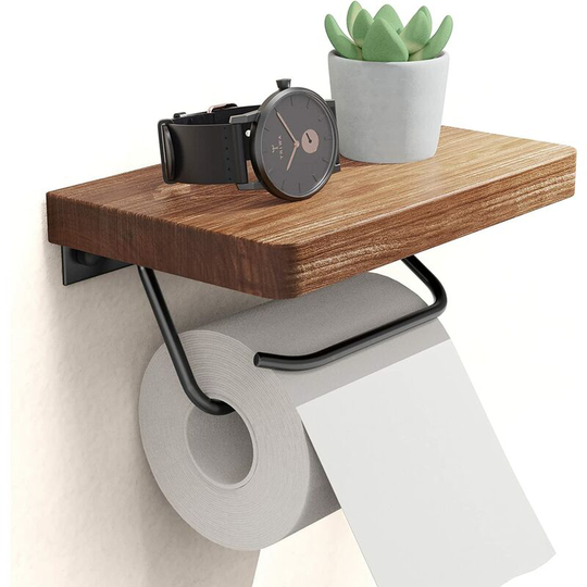 Oilet Paper Holder with Shelf for Bathroom Farmhouse Rustic Toilet Paper Roll Holder Wall Mount Rustproof Adjustable Easy Tear Walnut